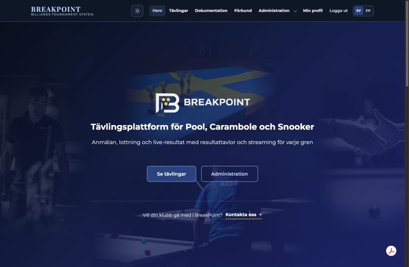BreakPoints startsida för tävlingar i pool, carambole och snooker